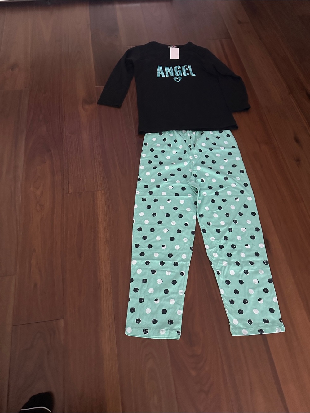 Angel womans Black Top with Mint Polka Dot Pajama Pants. 100% Cotton.